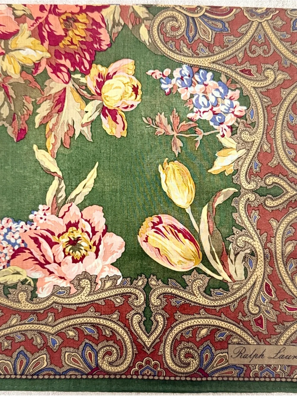 Ralph Lauren Green Floral Paisley cotton Scarf - Picture 2 of 7